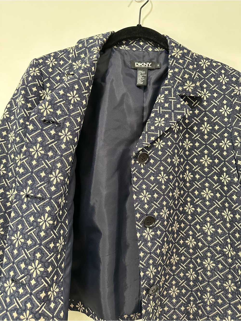 DKNY Vintage Navy White Silk Cotton Geometric Cropped Blazer 8 - Picture 5 of 14
